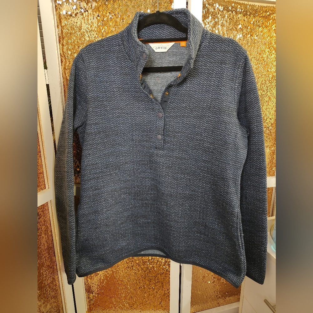 Orvis Fleece Lined Pullover 1/4 Button Navy Large New without Tags